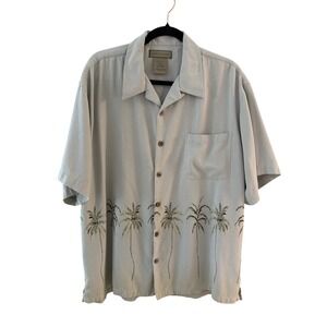 Naturalife Men XL 100% Silk Palm Tree Graphic Short Sleeve Camp Shirt Sage Green